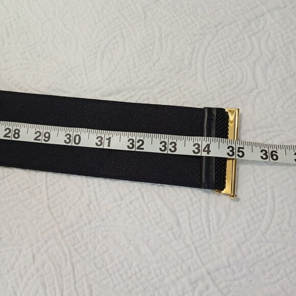 Lauren Ralph Lauren Belt Black Stretch Waist Gold Bar Closure Wide Elastic Sz L - Picture 5 of 8